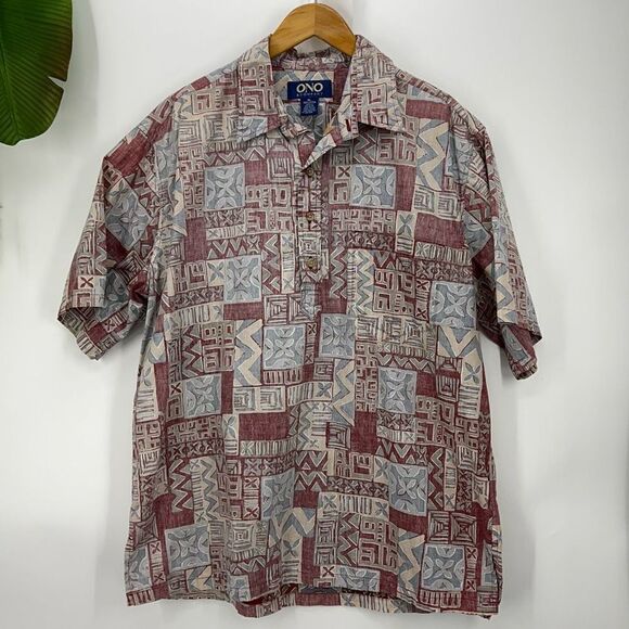 Red Gray Tan Tapa Quilt Design XL Ono Shirt by Liberty House Vintage - Picture 6 of 6